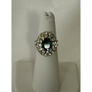 Lovely Silver Tone Adjustable Sapphire Blue And Clear Crystal Ring.